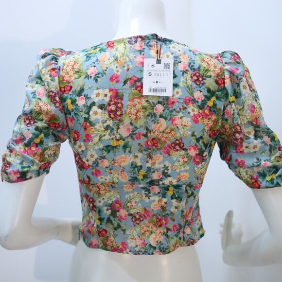 ZARA Printed Floral Short Puff Sleeve Satin Crop Blouse Women’s Size S NWT. - Picture 3 of 6